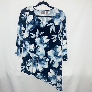 NWOT Chico's Blue and White Floral 3/4 Sleeve Asymmetrical Blouse